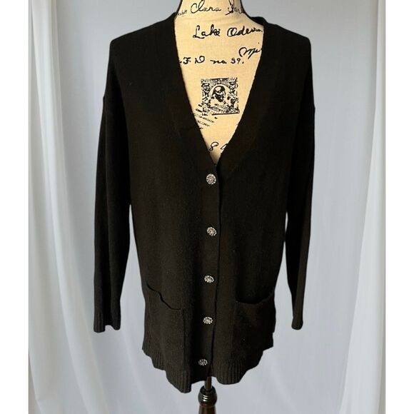 Talbots Women’s M V-Neck Rhinestone Button LS Long Cardigan Black Evenings - Picture 1 of 7